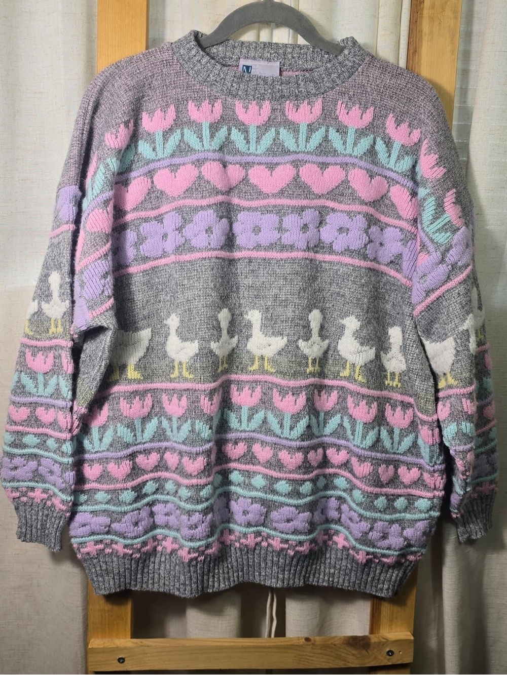 Neddles up vintage Gray Pastel Floral & Duck Knit Sweater - Women
